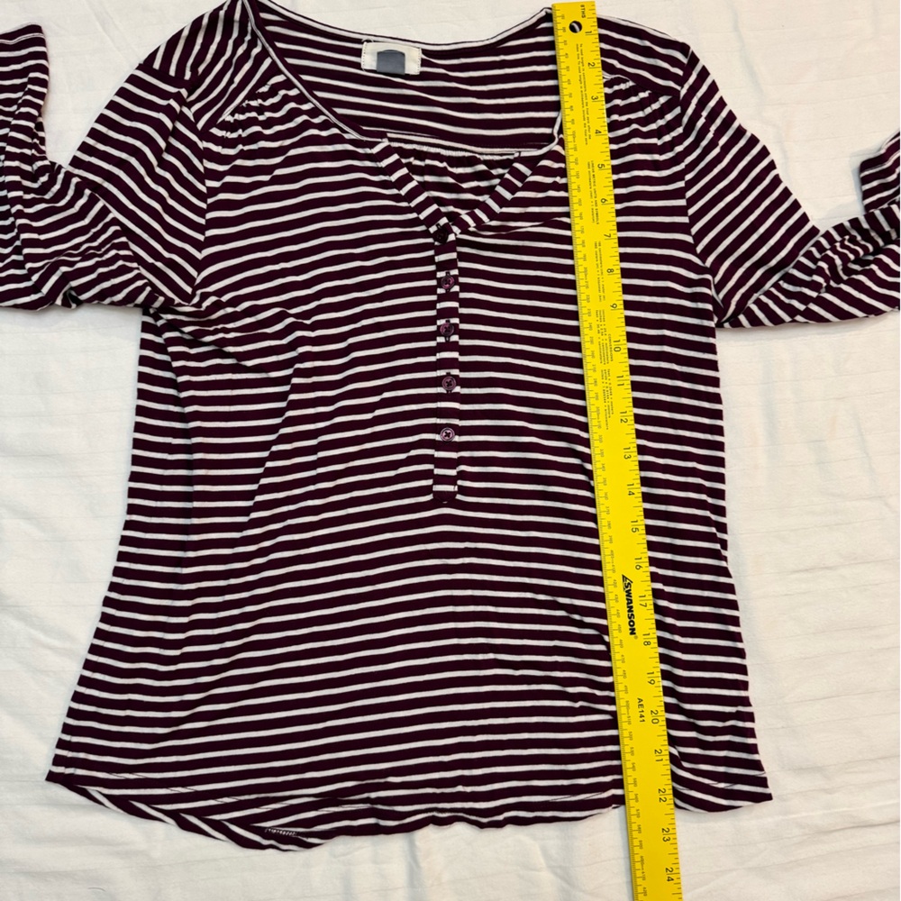 Old Navy Women's Quarter Button Down Shirt - Burgundy and White Stripes